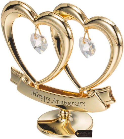 24K Gold Plated Double Heart Crystal Table Ornament for Anniversary